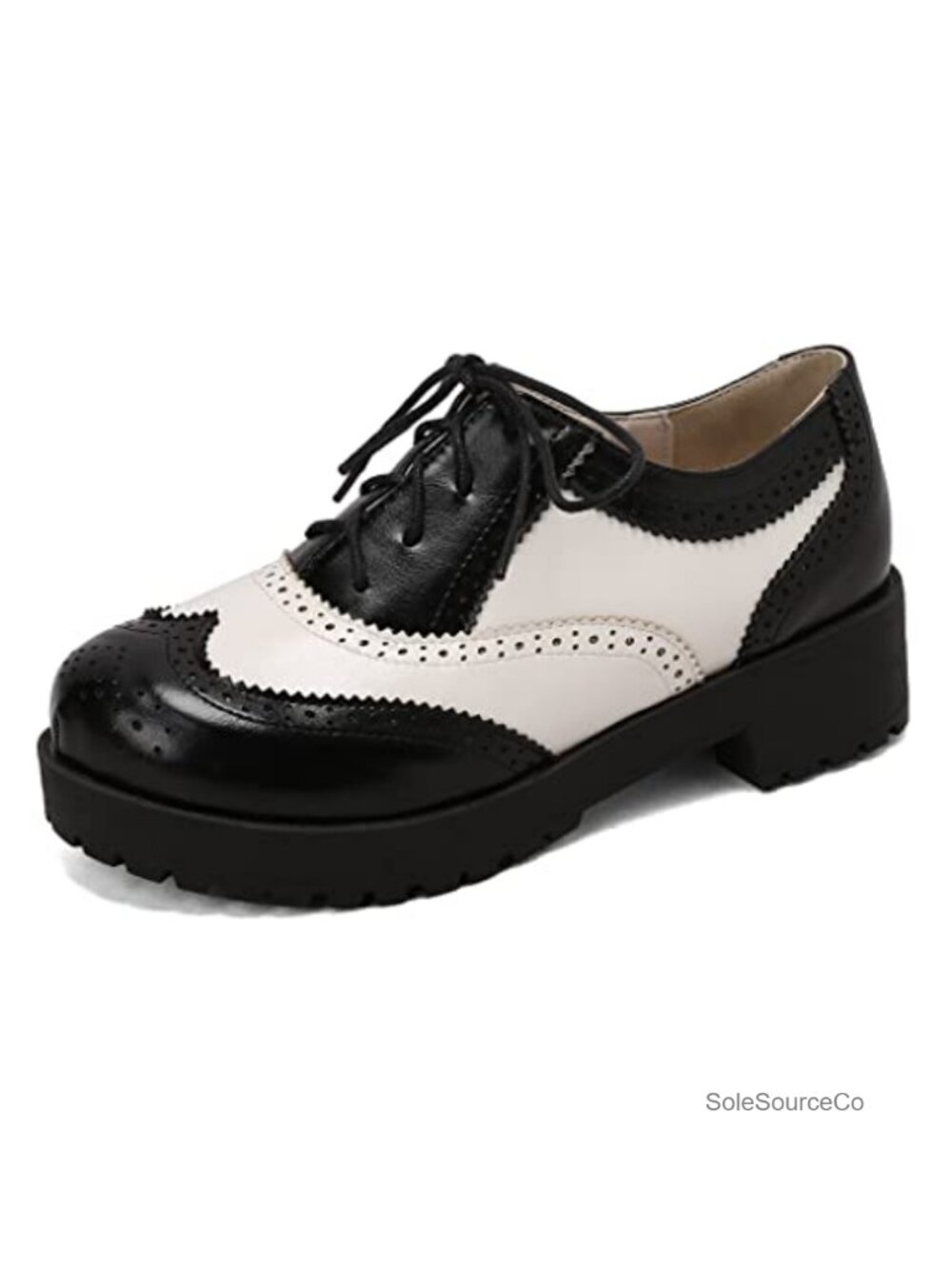Women's Two Tone Flat Oxfords Wingtip Perforated Leather Low Heel Saddle Brogues